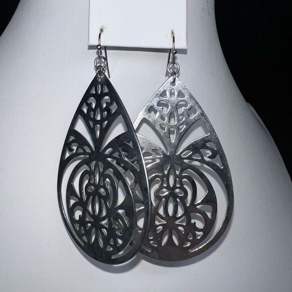 Stainless Steel Large Filigree Teardrop Earrings - Picture 4 of 8